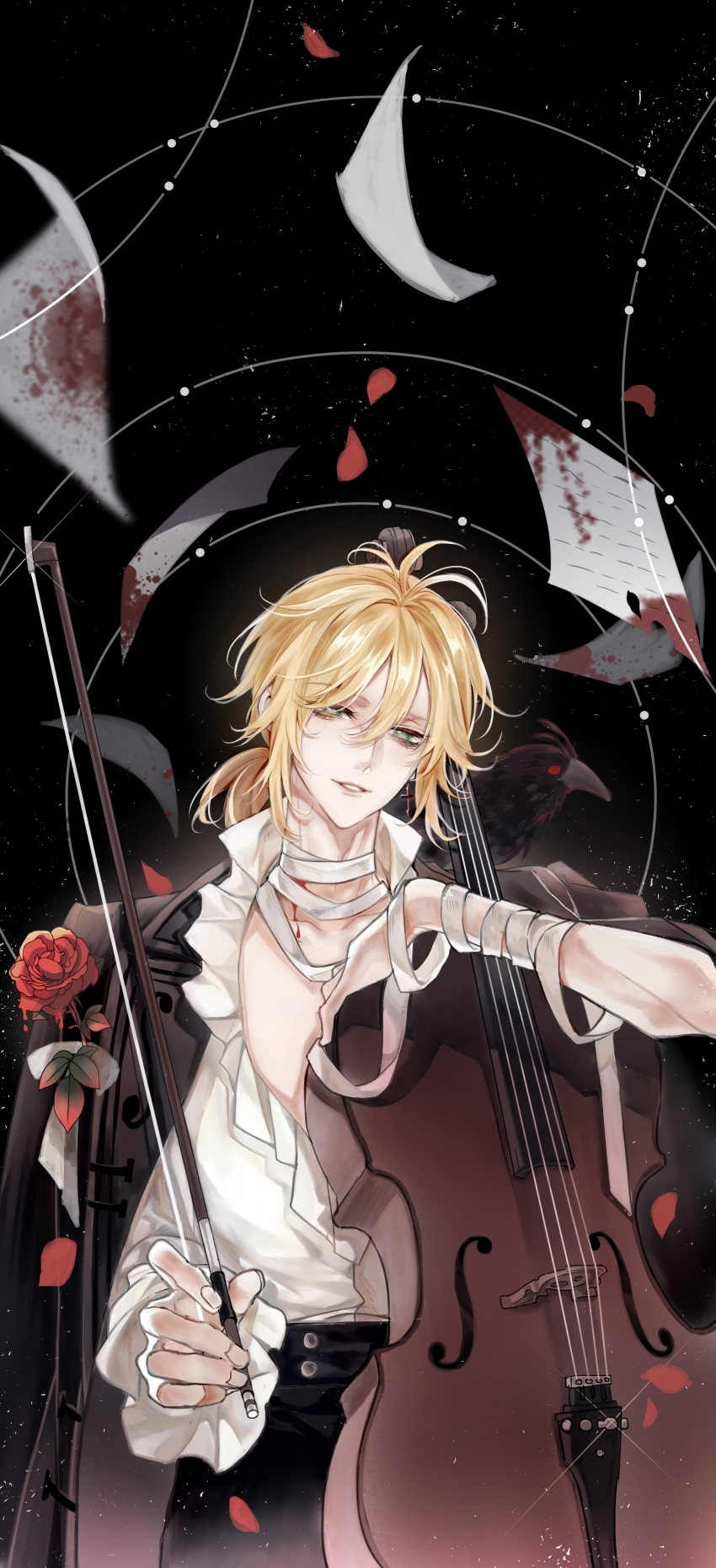 1boy, absurdres, animal, animal_on_shoulder, antenna_hair, asymmetrical_sleeves, bandaged_arm, bandaged_neck