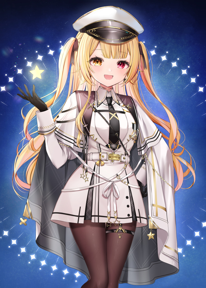 1girl, :d, absurdres, belt, black_gloves, black_necktie, black_pantyhose, black_ribbon, blonde_hair, brown_pantyhose, cape, capelet, collared_shirt, commentary_request, contrapposto, dress, dress_shirt, gloves, hair_ribbon, hand_on_own_hip, hand_up, hat, heterochromia, highres, hoshikawa_sara, hoshikawa_sara_(6th_costume), ineka_ka, jacket, lapels, long_hair, looking_at_viewer, medal, military_hat, military_uniform, necktie, nijisanji, official_alternate_costume, official_alternate_hairstyle, open_mouth, pantyhose, peaked_cap, red_eyes, ribbon, shirt, sleeve_cuffs, smile, solo, thigh_strap, two_side_up, underbust, very_long_hair, virtual_youtuber, white_belt, white_cape, white_capelet, white_dress, white_hair, white_jacket, white_shirt, yellow_eyes