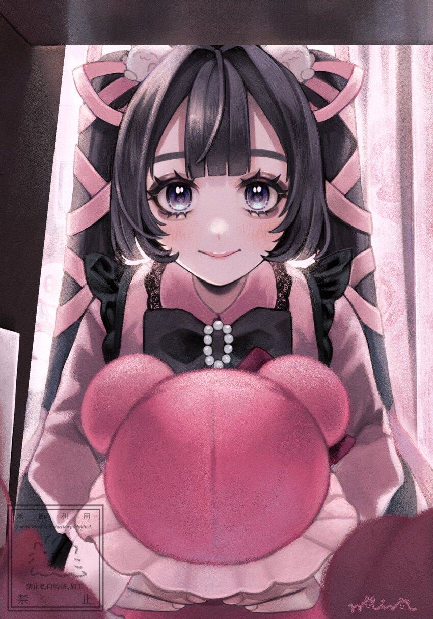 1girl, aegyo_sal, akiyama_syu, black_bow, black_eyeshadow, black_hair, blouse, blunt_bangs