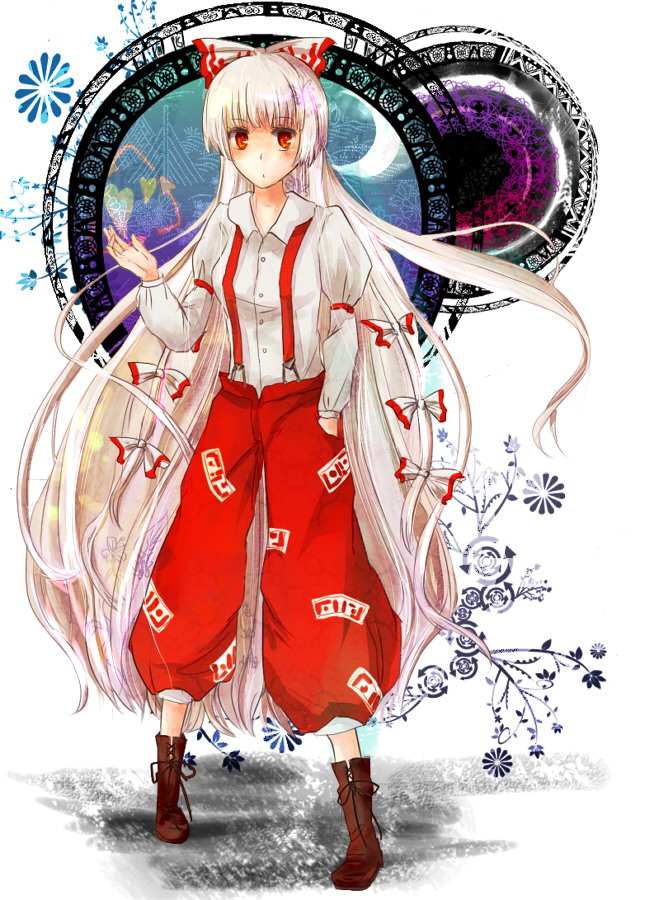 1girl, bad_id, bad_pixiv_id, boots, bow, dress_shirt, female_focus, fujiwara_no_mokou