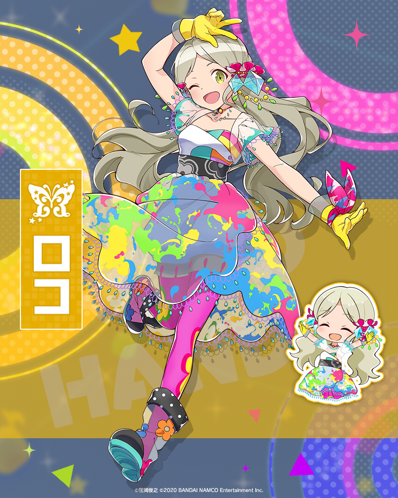 1girl, arm_up, black_bow, blush, bow, breasts, character_name, chibi