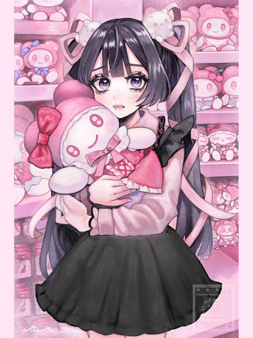 1girl, aegyo_sal, akiyama_syu, black_eyeshadow, black_hair, black_skirt, blue_ribbon, blush