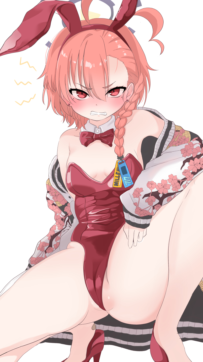 1girl, absurdres, ahoge, animal_ears, asymmetrical_bangs, bandaid, bandaid_on_foot, blue_archive, blush, bow, bowtie, breasts, cameltoe, clenched_teeth, detached_collar, halo, highres, huge_ahoge, jacket, leotard, looking_at_viewer, mole, mole_under_eye, neru_(blue_archive), neru_(bunny)_(blue_archive), nose_blush, orange_hair, playboy_bunny, print_jacket, rabbit_ears, red_bow, red_bowtie, red_eyes, red_footwear, red_leotard, simple_background, small_breasts, solo, squatting, strapless, strapless_leotard, sukajan, tag, teeth, white_background, wince, yunon_oto_mad