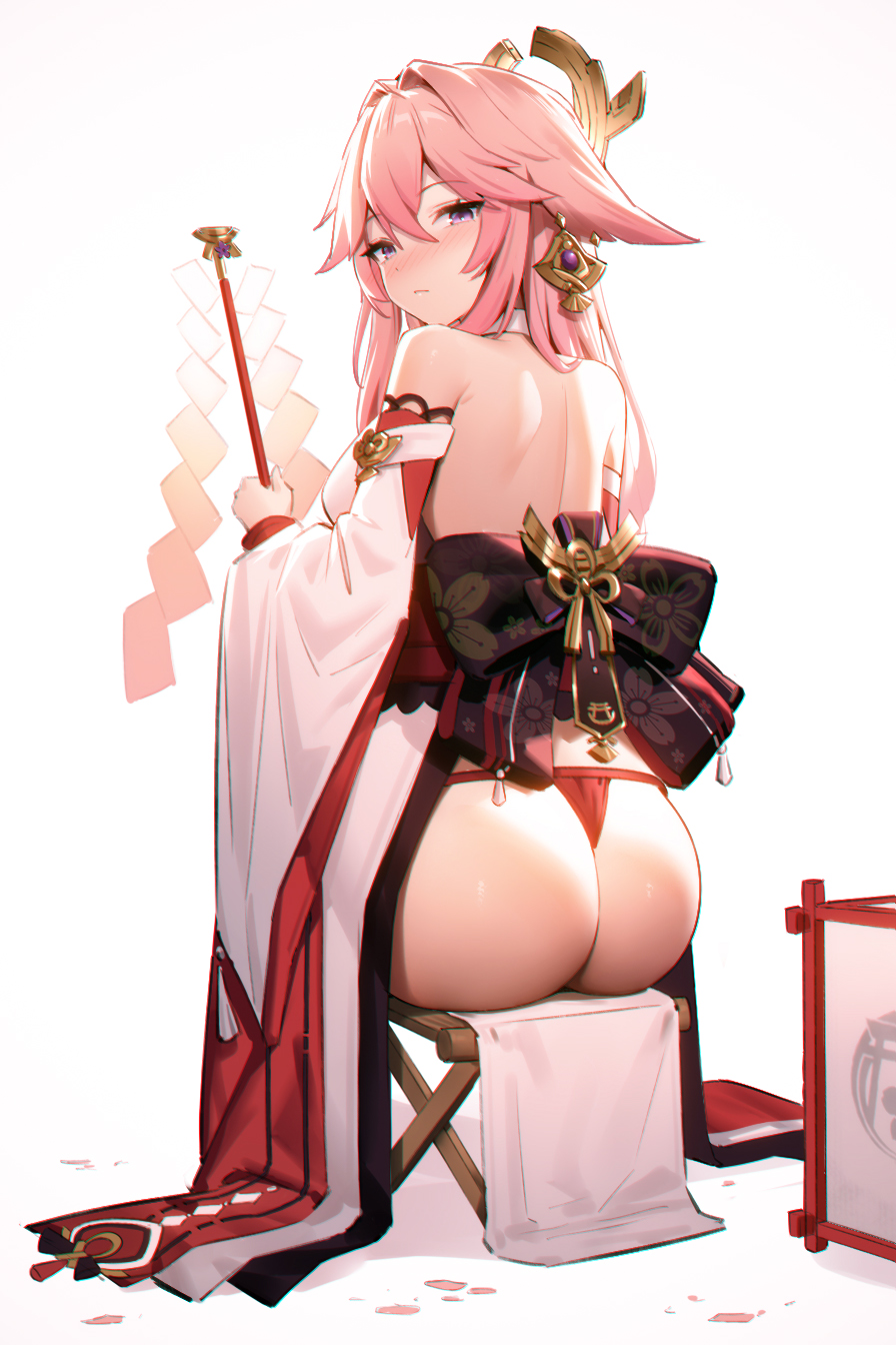 1girl, 95_(jiuwujiang), animal_ears, ass, backless_outfit, bare_shoulders, blush, closed_mouth, detached_sleeves, floppy_ears, fox_ears, from_behind, genshin_impact, gohei, highres, holding, holding_gohei, japanese_clothes, long_hair, looking_at_viewer, looking_back, obi, panties, pink_hair, purple_eyes, red_panties, sash, solo, stool, underwear, very_long_hair, wide_sleeves, yae_miko