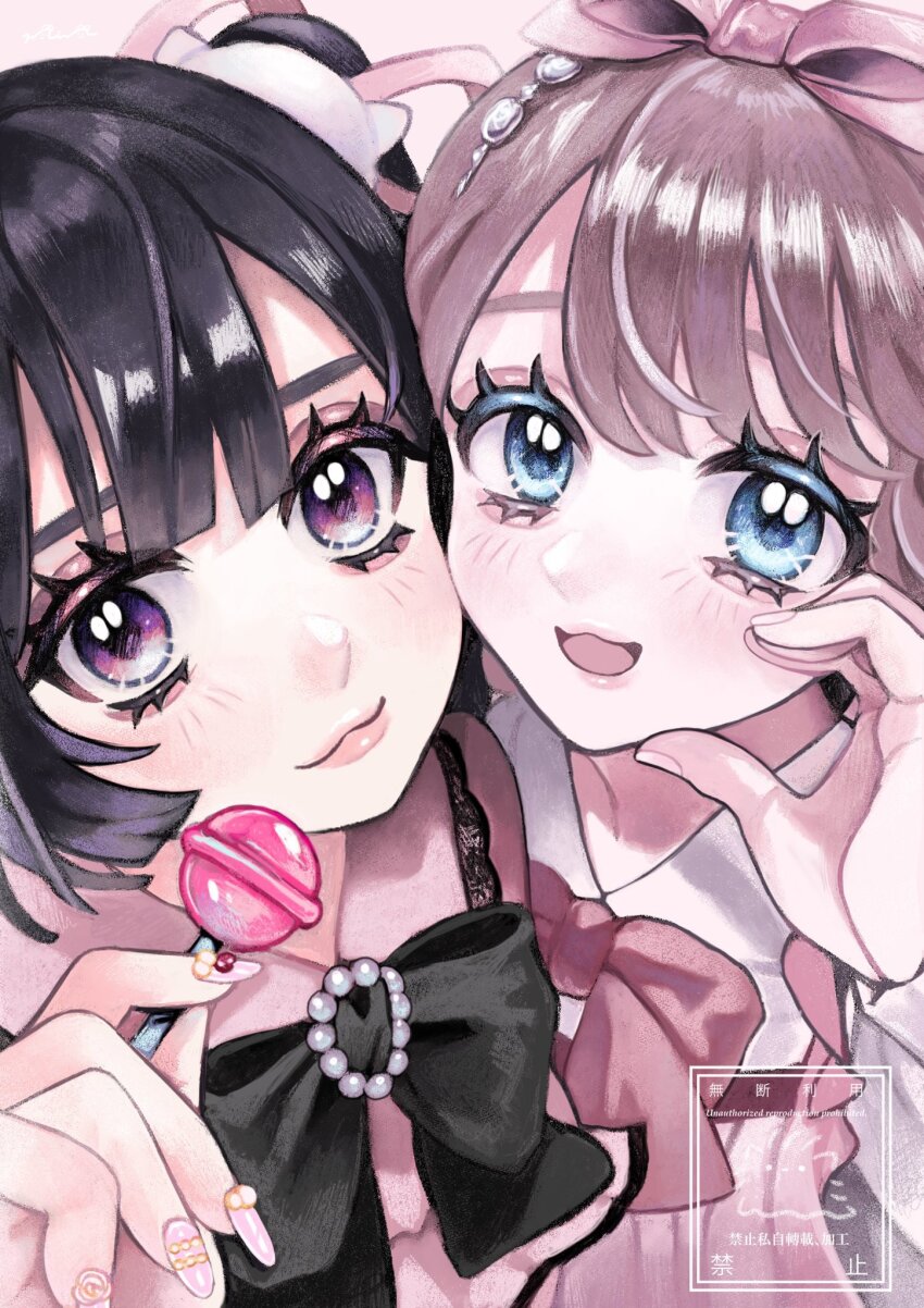 2girls, :3, aegyo_sal, akiyama_syu, amanogawa_himeno, black_hair, blue_eyes, blunt_bangs, blush, bow, brown_hair, candy, closed_mouth, collared_shirt, commentary, food, hair_bow, half-heart_hands, hand_up, highres, holding, holding_candy, holding_food, holding_lollipop, lace_trim, lollipop, long_hair, looking_at_viewer, min_(mts2314), multiple_girls, nail_polish, open_mouth, original, pink_bow, pink_lips, pink_nails, pink_shirt, purple_eyes, shirt, short_hair, smile, untranslatable_commentary, upper_body, white_shirt