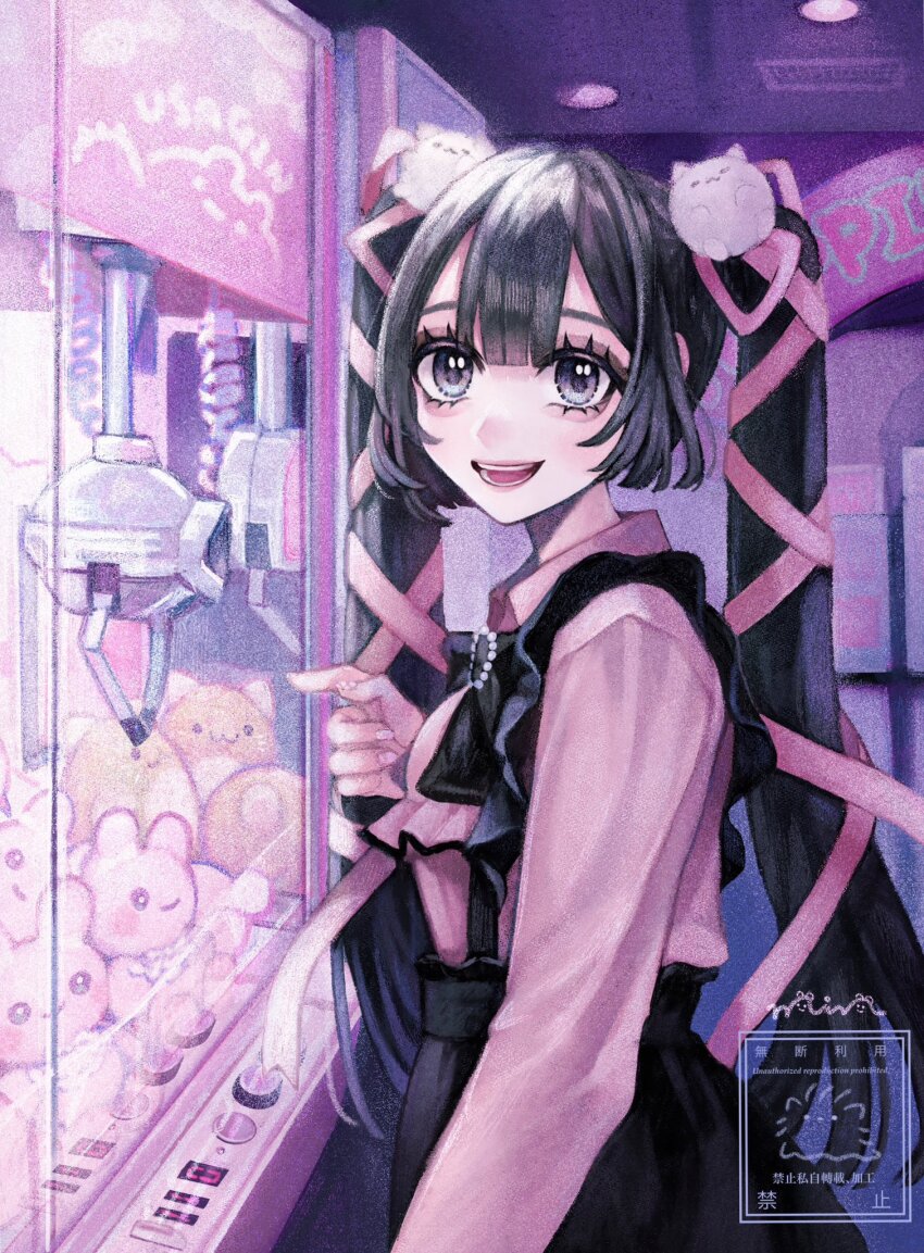 1girl, :d, aegyo_sal, akiyama_syu, black_bow, black_eyeshadow, black_hair, black_skirt