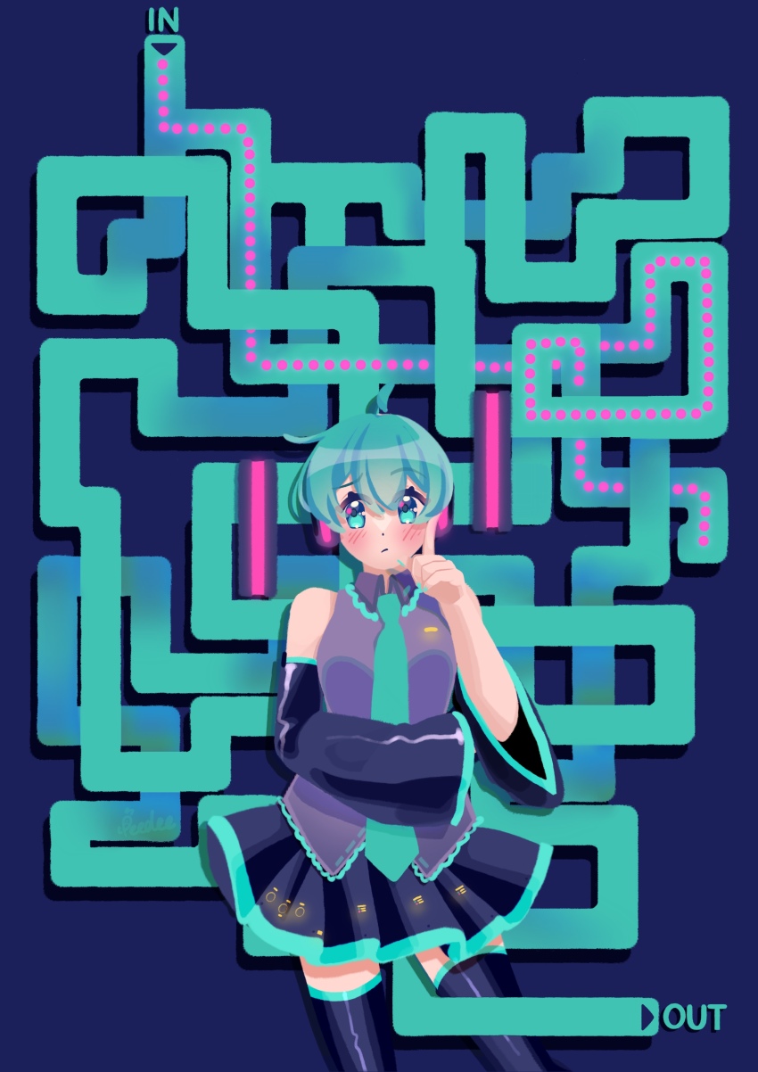 absurdly_long_hair, absurdres, aqua_eyes, aqua_hair, black_skirt, black_thighhighs, blue_background, blue_necktie