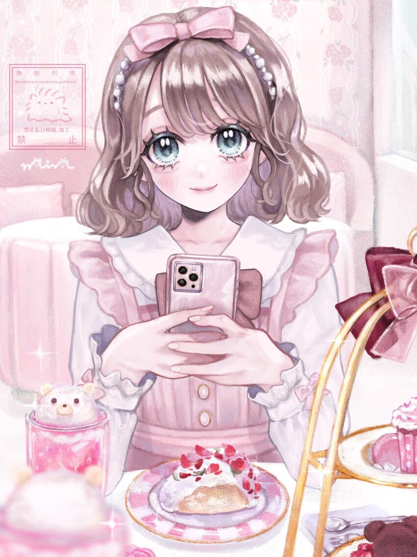 1girl, aegyo_sal, amanogawa_himeno, blue_eyes, blush, bow, brown_hair, cellphone