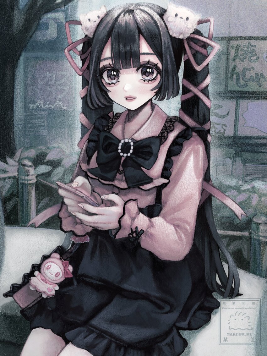 1girl, aegyo_sal, akiyama_syu, bag_charm, black_bow, black_eyes, black_eyeshadow, black_hair