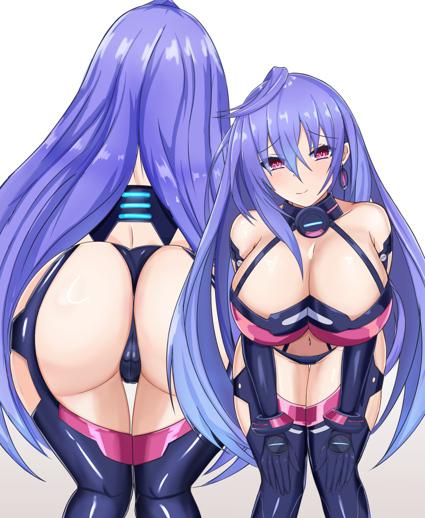 1girl, absurdres, ass, ass_focus, breasts, cameltoe, choujigen_game_neptune, cleavage, compile_heart, from_behind, highres, huge_ass, idea_factory, iris_heart_(neptunia), kami_jigen_game_neptune_v, large_breasts, leaning, leaning_forward, leotard, long_hair, looking_at_viewer, multiple_views, neptune_(series), purple_hair, smile, stiris_rangetsu, thighhighs, thong, thong_leotard, very_long_hair