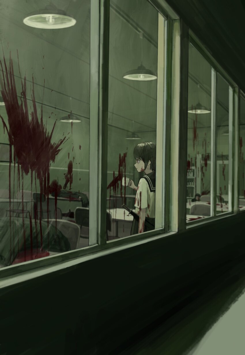 1girl, black_hair, black_sailor_collar, black_skirt, blood, blood_on_arm, blood_on_clothes, blood_on_face, blood_on_glass, blood_splatter, cup, expressionless, highres, holding, holding_cup, implied_murder, looking_afar, mug, original, red_eyes, sailor_collar, sakiika0513, school_uniform, serafuku, sheath, sheathed, shirt, short_hair, skirt, solo, sword, weapon, white_shirt, wide_shot