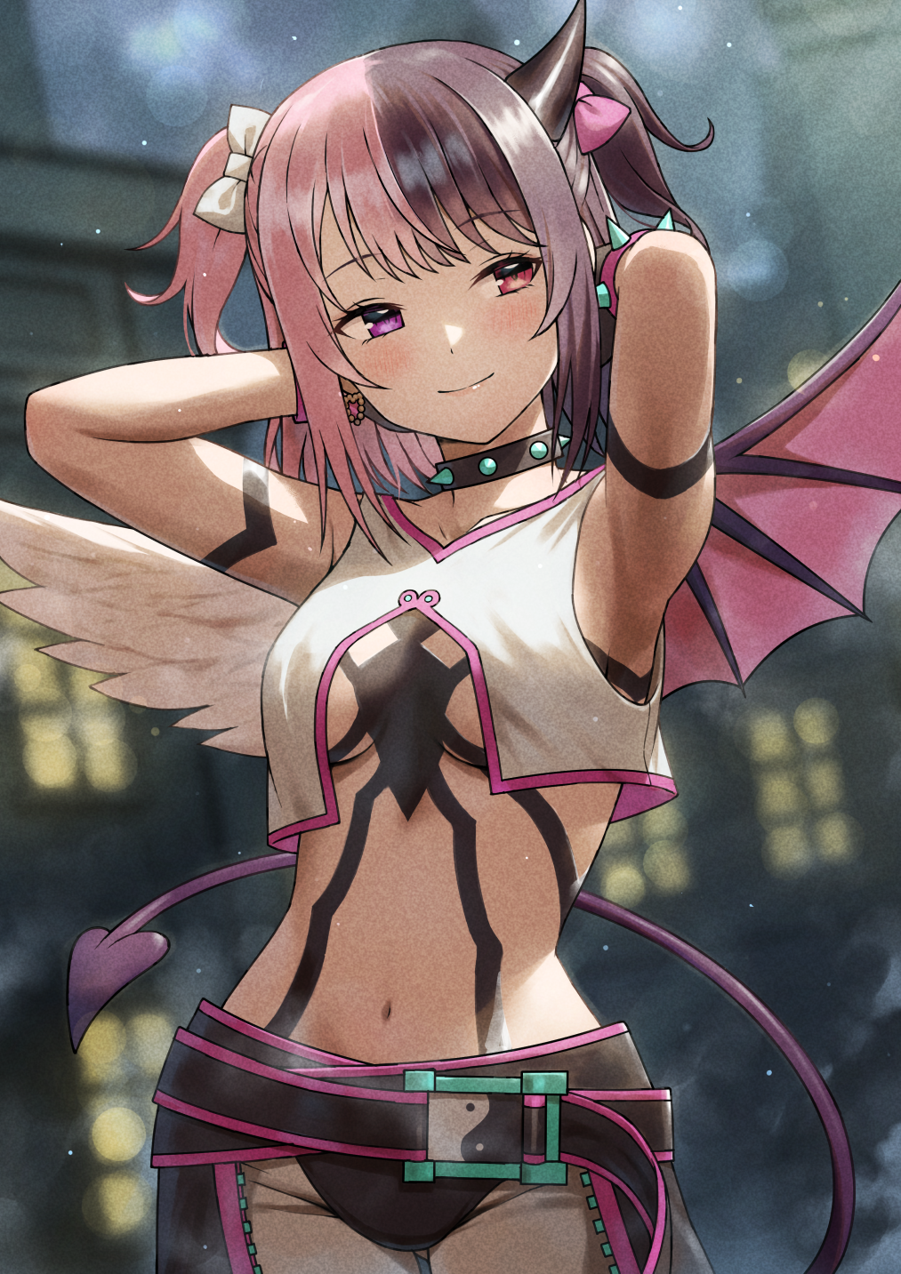 1girl, amaki_pururu, asymmetrical_wings, breasts, cosplay, fagi_(kakikaki), han_juri, han_juri_(cosplay), highres, indie_virtual_youtuber, medium_breasts, mismatched_wings, multicolored_hair, purple_eyes, short_hair, smile, solo, standing, street_fighter, two-tone_hair, two_side_up, virtual_youtuber, wings
