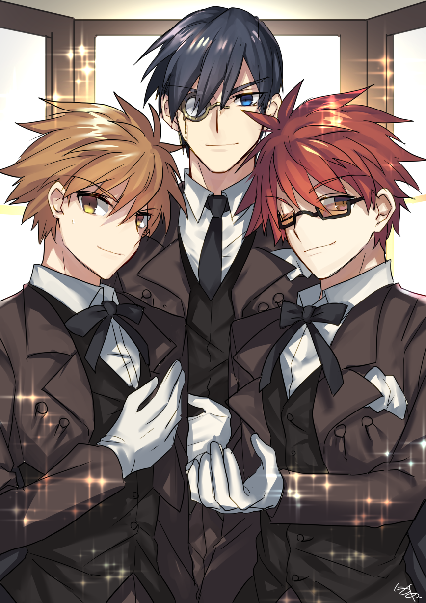 3boys, ;), aged_down, black-framed_eyewear, black_hair, black_necktie, black_ribbon, black_vest