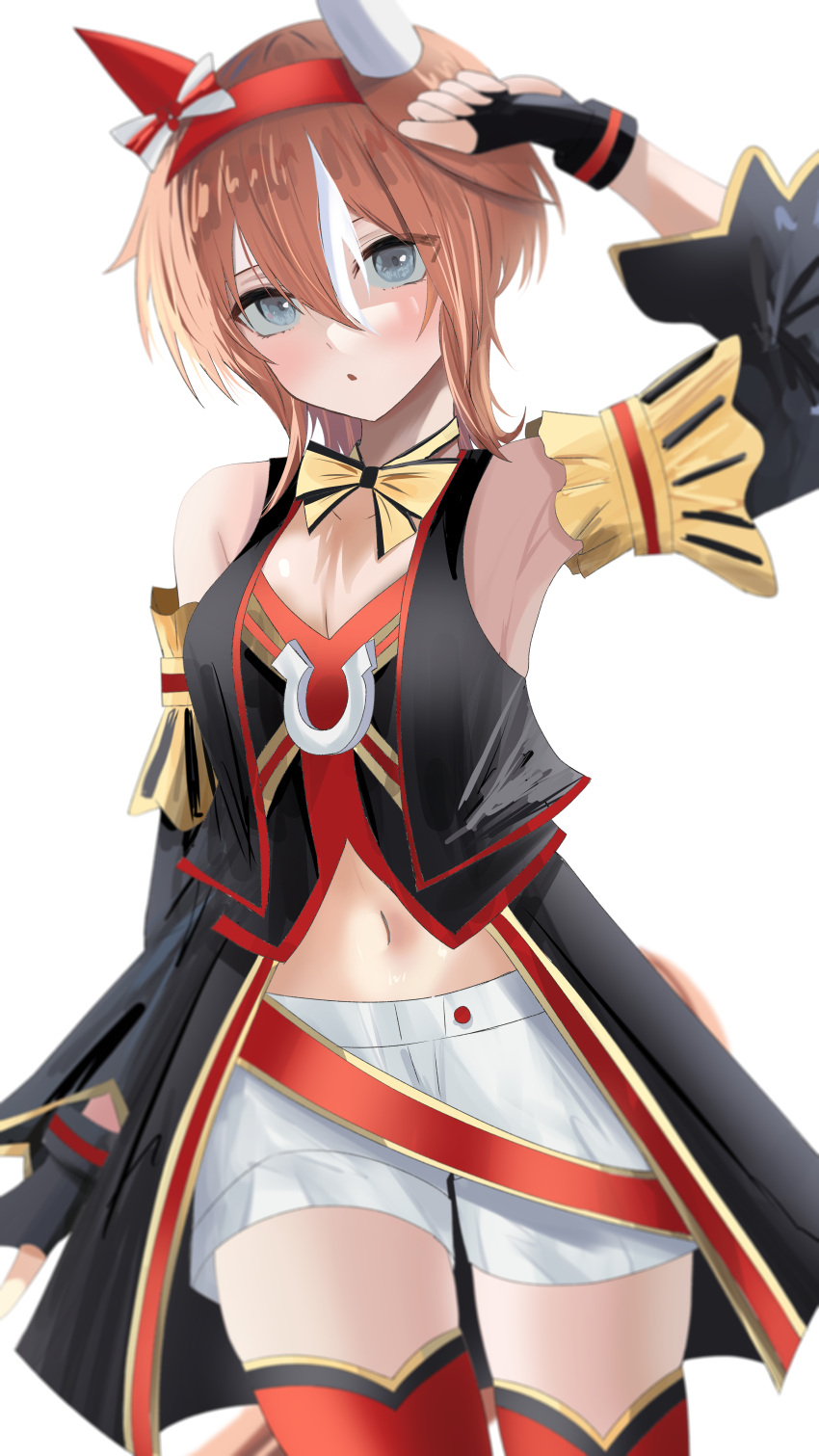 1girl, absurdres, animal_ears, armpits, blue_eyes, brown_hair, character_request, collarbone, detached_sleeves, fingerless_gloves, genjitsu_steel_(umamusume), gloves, hair_between_eyes, hair_ornament, headband, highres, horse_ears, kirameki_(rikukaikuu), looking_at_viewer, medium_hair, navel, open_mouth, shorts, solo, thighhighs, umamusume