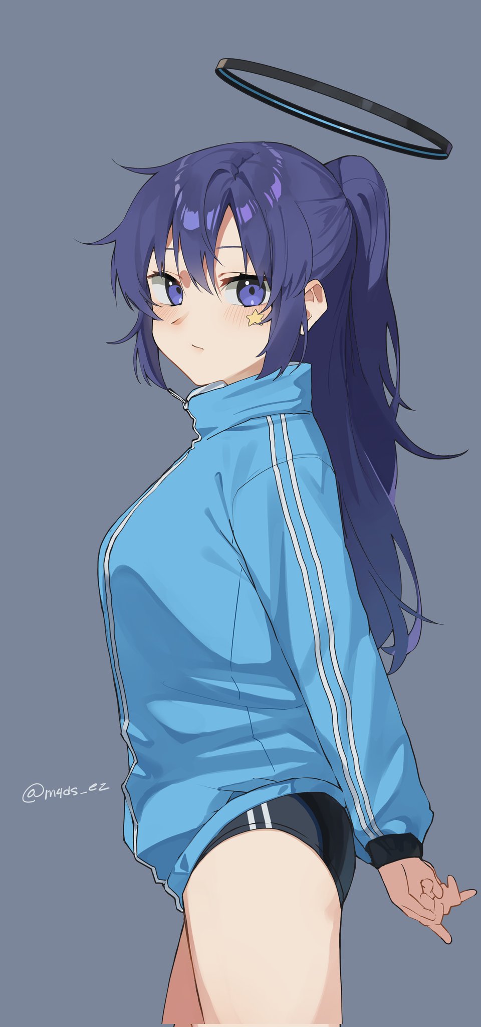 1girl, black_buruma, black_halo, blue_archive, blue_jacket, blush, buruma, closed_mouth