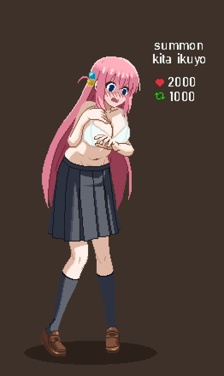 1girl, blank_eyes, blush, bocchi_the_rock!, bra, breasts, cube_hair_ornament, english_text