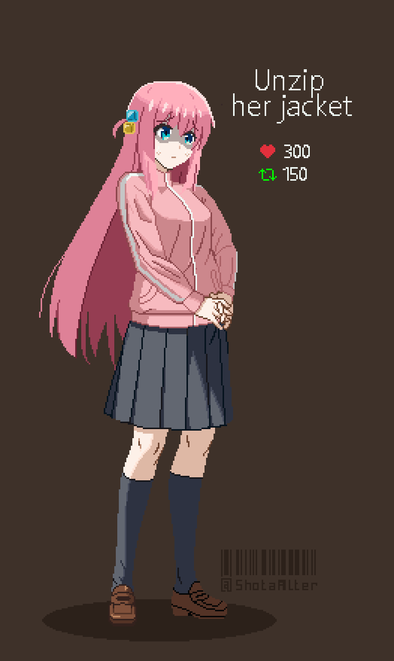 1girl, aqua_eyes, artist_name, bocchi_the_rock!, cube_hair_ornament, english_text, full_body, gotoh_hitori