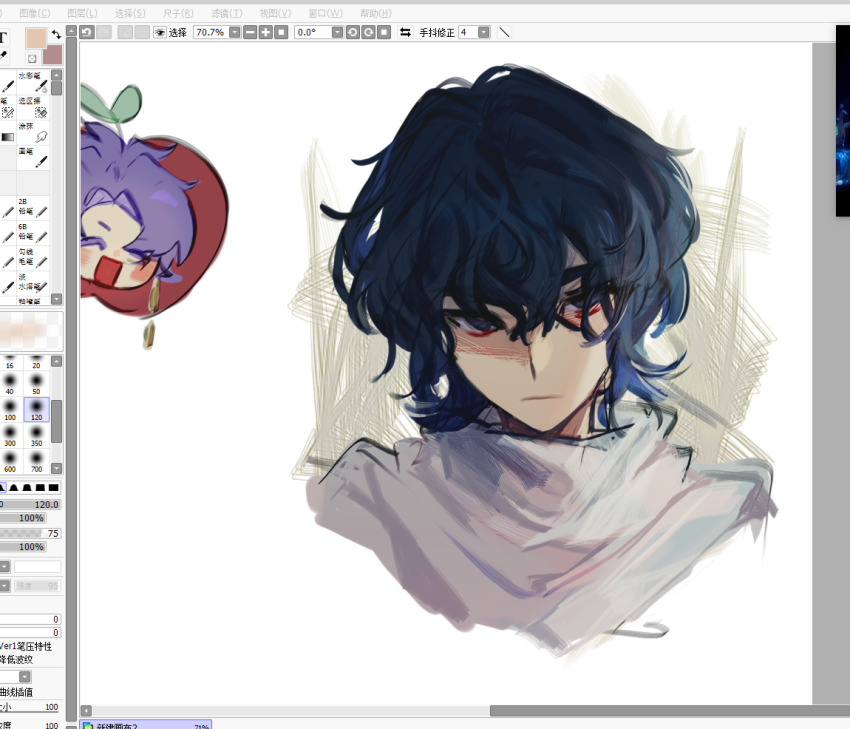 2boys, art_program_in_frame, blue_eyes, blue_hair, chinese_commentary, closed_eyes, closed_mouth, commentary_request