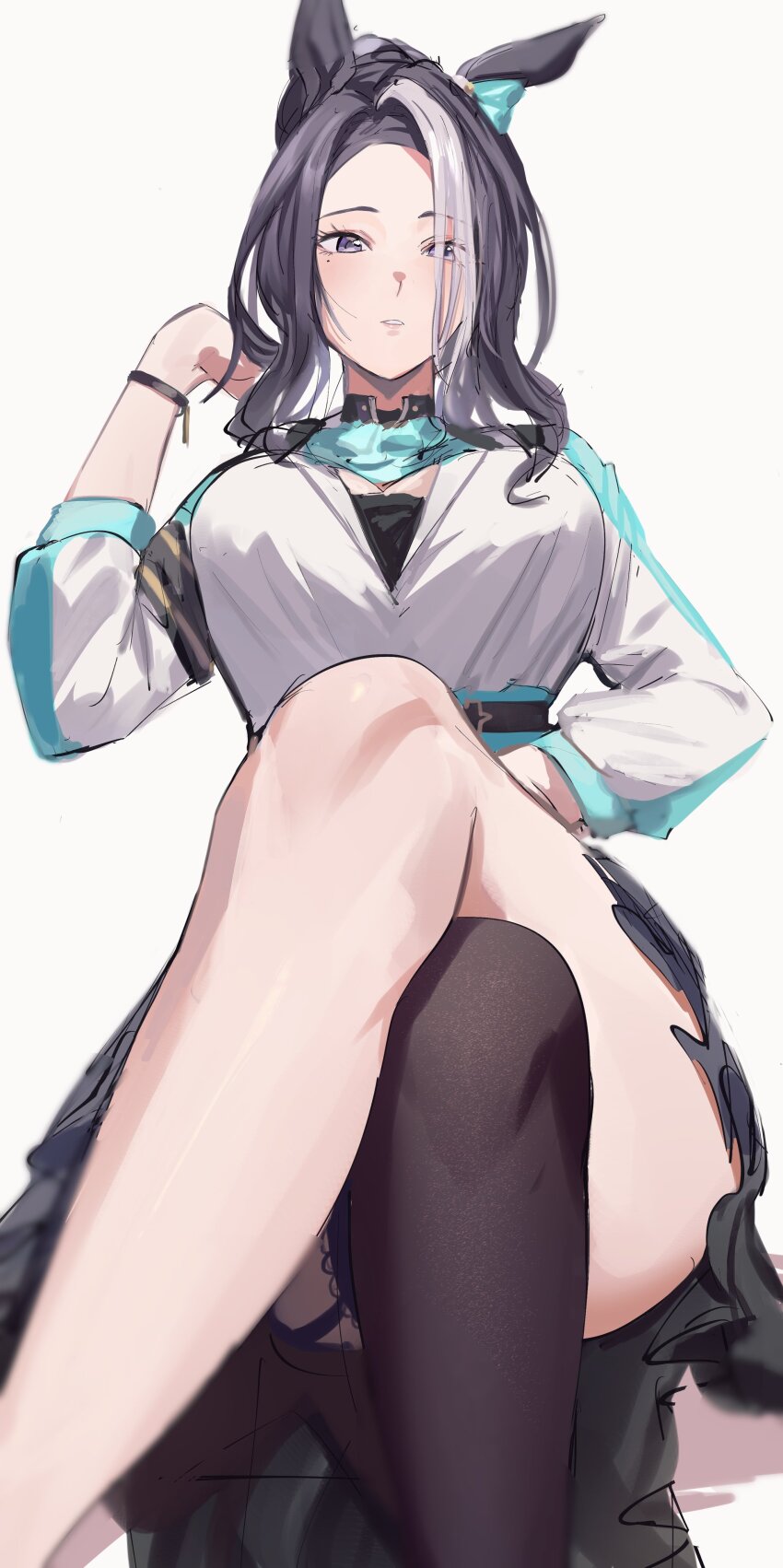 1girl, absurdres, animal_ears, ascot, black_hair, black_skirt, blue_ascot, blurry