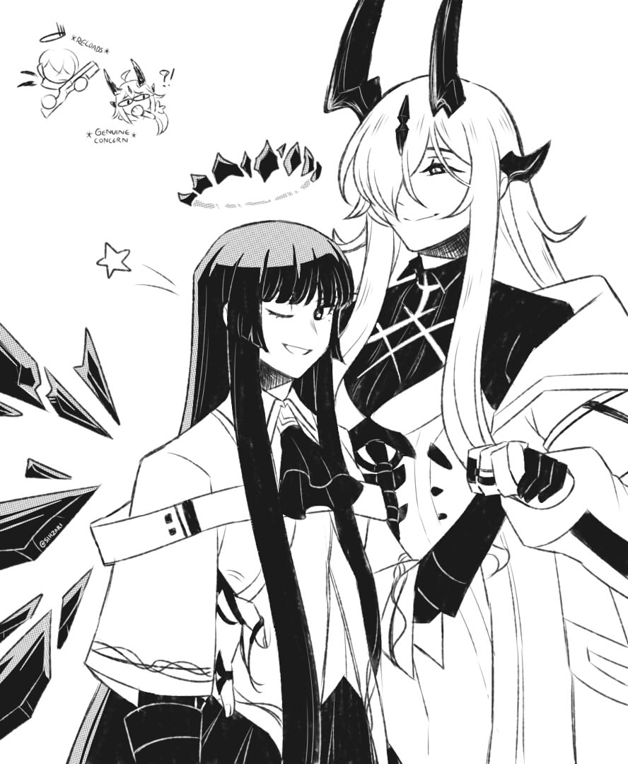 !?, 2girls, ;d, arknights, artist_name, ascot, blunt_bangs, breasts