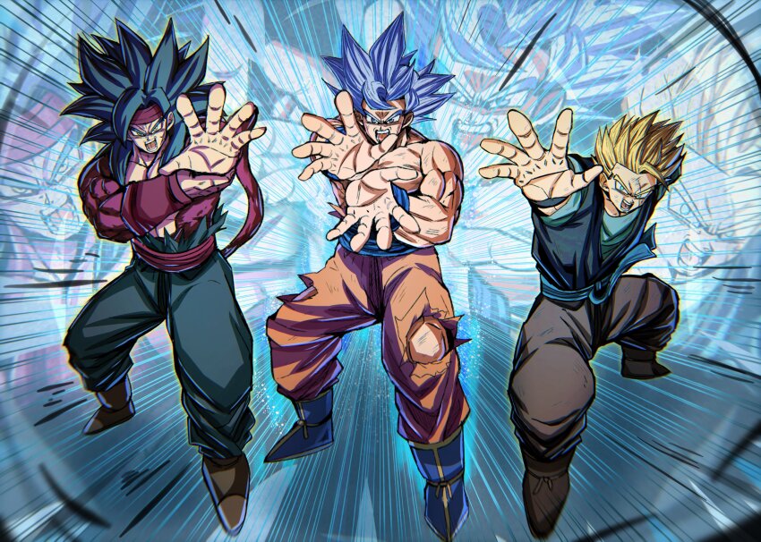 3boys, absurdres, aged_up, bandana, bardock, blue_footwear, brown_footwear, chiro_illust, commentary, commentary_request, dougi, dragon_ball, family, father_and_child, father_and_son, highres, kamehameha_(dragon_ball), multiple_boys, muscular, muscular_male, open_mouth, parent_and_child, red_fur, red_tail, son_gohan, son_gohan_(future), son_goku, spiked_hair, super_saiyan, super_saiyan_4, tail, torn, torn_clothes, ultra_instinct