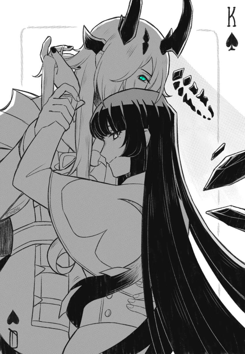 2girls, arknights, backlighting, blue_eyes, blunt_bangs, broken_halo, card, card_background