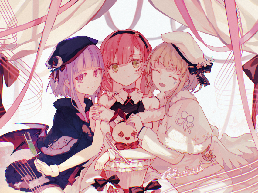 3girls, :d, angel_wings, arcaea, bare_shoulders, beret, champagne_flute, closed_eyes