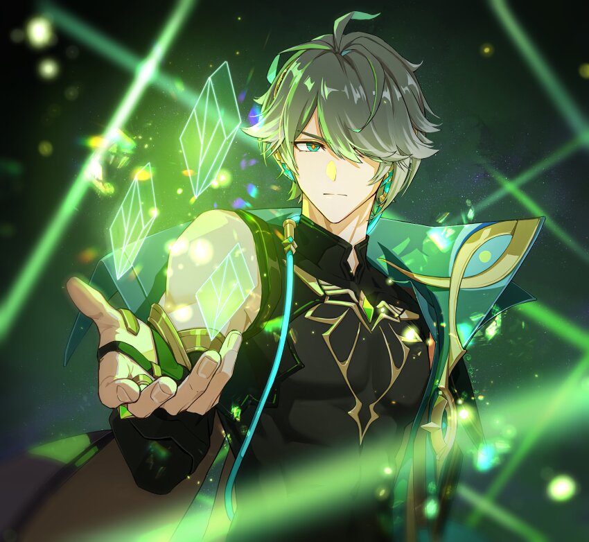 1boy, alhaitham_(genshin_impact), antenna_hair, artist_name, black_gloves, black_shirt, cable, cape