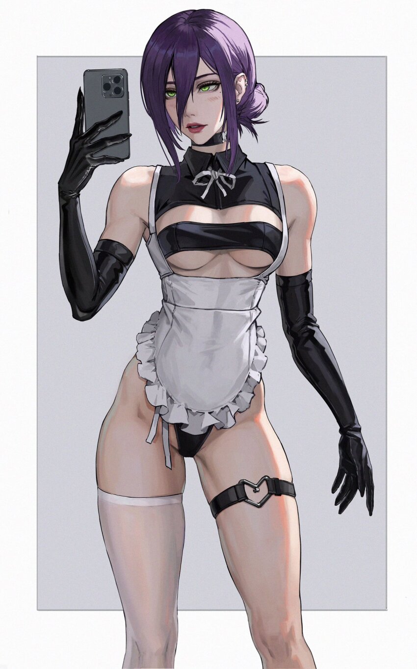 1girl, apron, bare_shoulders, black_choker, black_gloves, black_shirt, blush, breasts