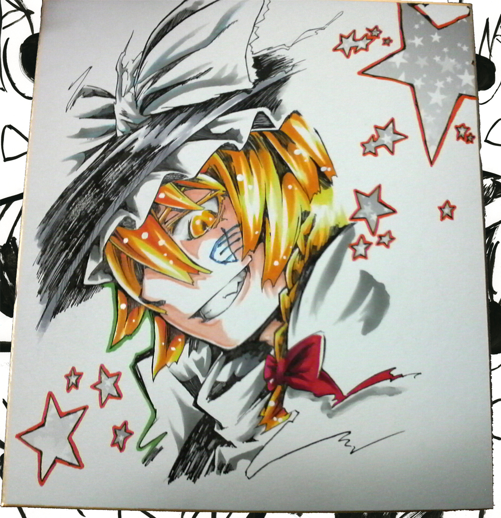 1girl, anba_saa, female_focus, grin, hair_over_one_eye, hat, kirisame_marisa, marker_(medium)