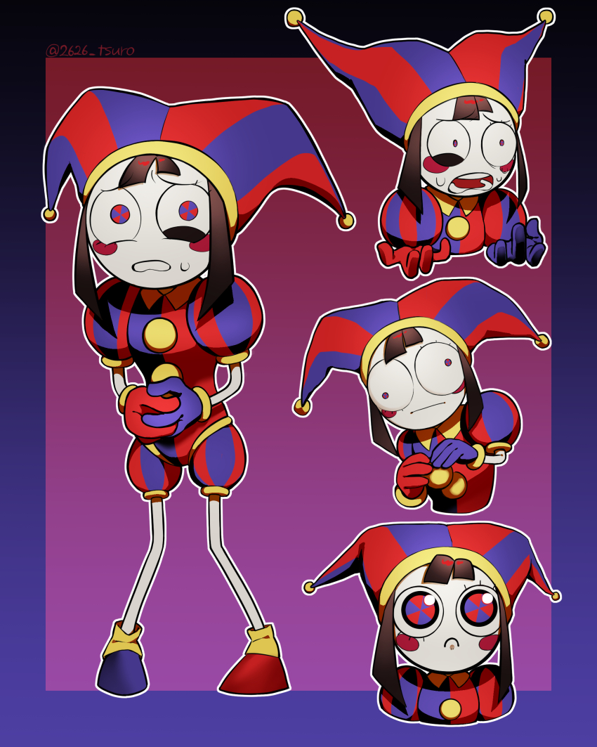 1girl, 26_(tsuro), absurdres, asymmetrical_gloves, blue_eyes, blush_stickers, gloves, hat, highres, jester_cap, mismatched_gloves, multicolored_eyes, multicolored_headwear, multiple_views, open_mouth, pale_skin, pigeon-toed, pomni_(the_amazing_digital_circus), puffy_pants, puffy_short_sleeves, puffy_sleeves, red_eyes, sad, short_sleeves, small_pupils, striped_clothes, striped_headwear, sweatdrop, the_amazing_digital_circus, vertical-striped_clothes, vertical-striped_headwear