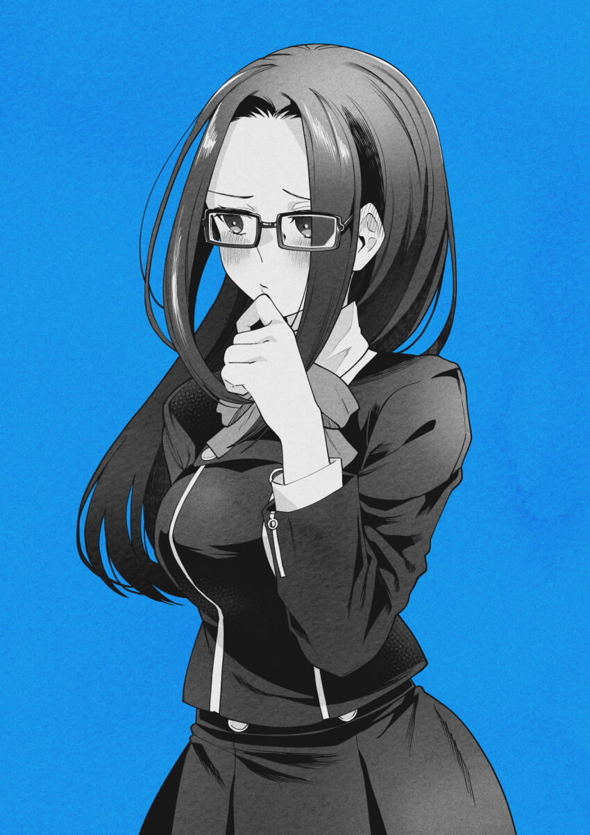 1girl, blush, breasts, closed_mouth, embarrassed, fushimi_chihiro, gekkoukan_high_school_uniform, glasses
