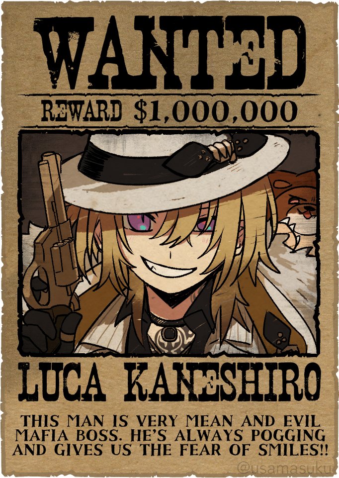 1boy, black_gloves, blonde_hair, english_text, gloves, grin, gun, holding