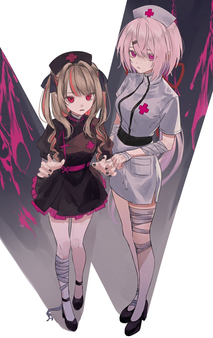2girls, bandaged_arm, bandaged_leg, bandages, black_dress, black_footwear, blonde_hair, dress