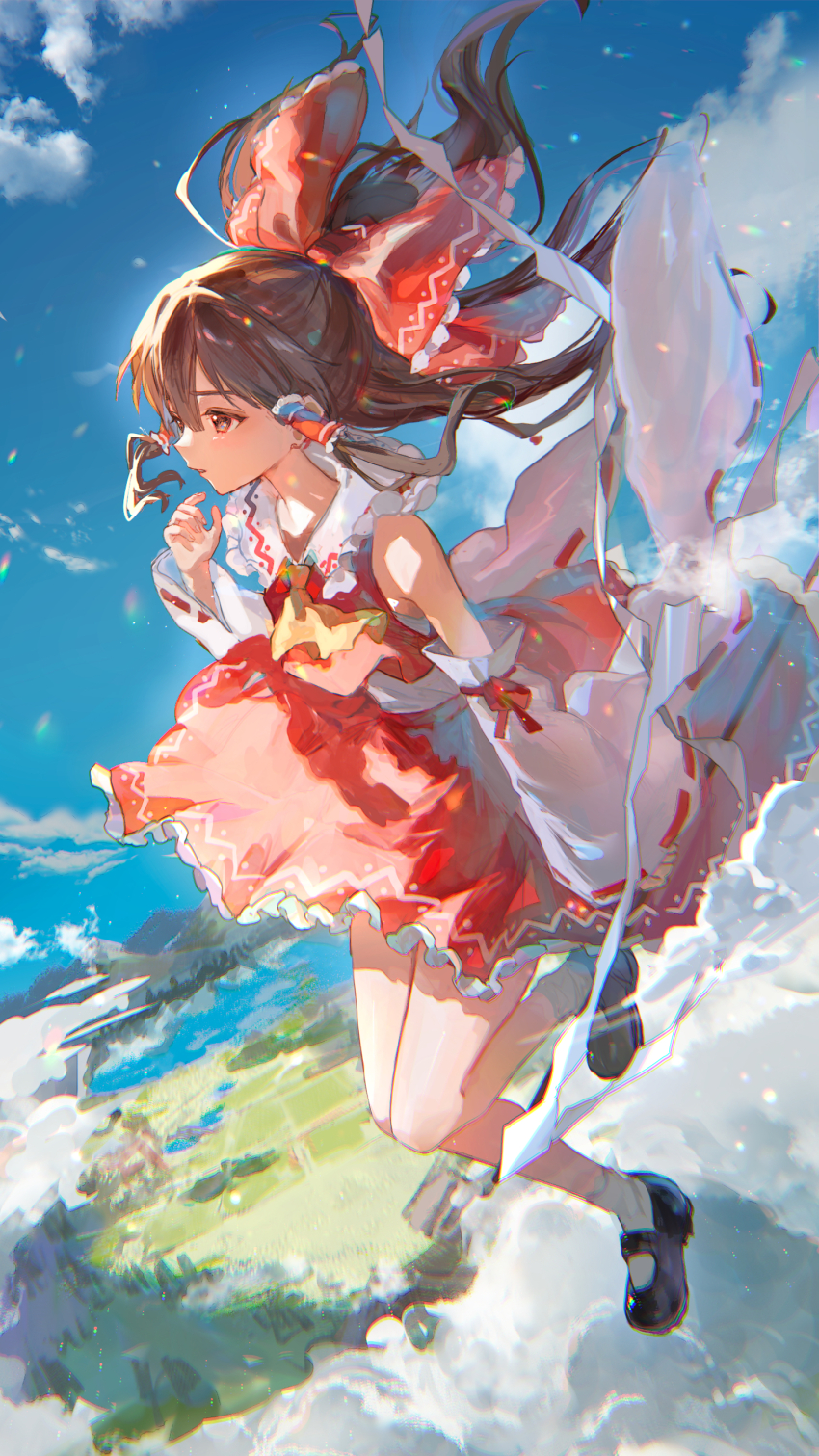 1girl, above_clouds, absurdres, ascot, bare_shoulders, black_shoes, blue_sky, bow