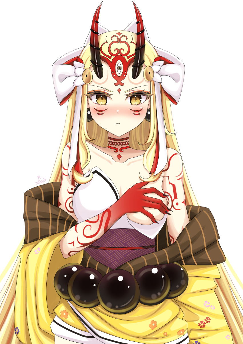 1girl, absurdres, bare_shoulders, beads, black_nails, blonde_hair, body_markings, breasts