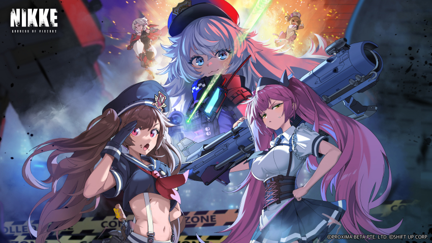 5girls, a.c.p.u._(nikke), absurdres, aiming, aiming_at_viewer, anchor_print, arm_guards, armband