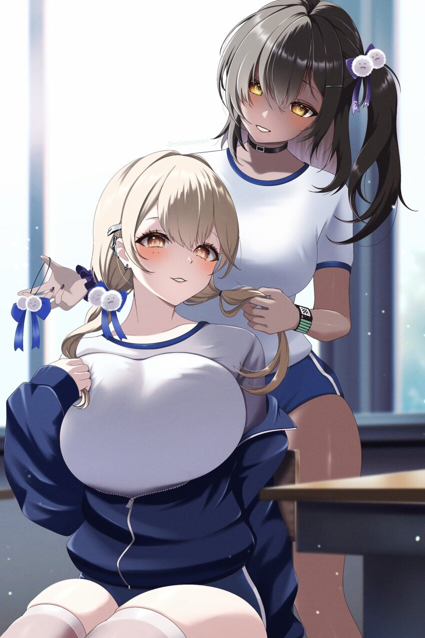 2girls, black_hair, blonde_hair, blue_buruma, breasts, brown_eyes, buruma, chair, classroom, commentary, dark-skinned_female, dark_skin, day, desk, earrings, goddess_of_victory:_nikke, gyaru, gym, gym_shirt, gym_uniform, hair_ornament, hair_ribbon, hair_tie_in_mouth, hairclip, highres, huge_breasts, indoors, jewelry, large_breasts, low_twintails, medium_breasts, milmil7, mouth_hold, multiple_girls, naga_(nikke), off_shoulder, puffy_short_sleeves, puffy_sleeves, ribbon, school_chair, school_desk, shirt, short_sleeves, sidelocks, sitting, t-shirt, tail, thighhighs, thighs, tia_(nikke), twintails, tying_another's_hair, tying_hair, white_shirt, white_thighhighs, window