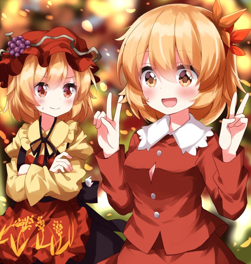 2girls, :d, aki_minoriko, aki_minoriko_(cosplay), aki_shizuha, aki_shizuha_(cosplay), apron, blonde_hair