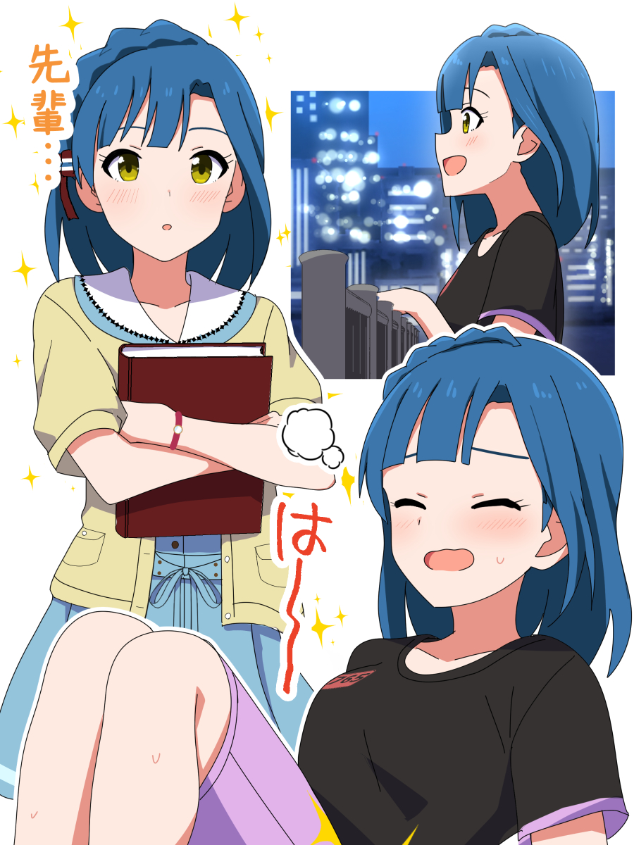 1girl, :o, against_fence, black_shirt, blue_dress, blue_hair, book, braid