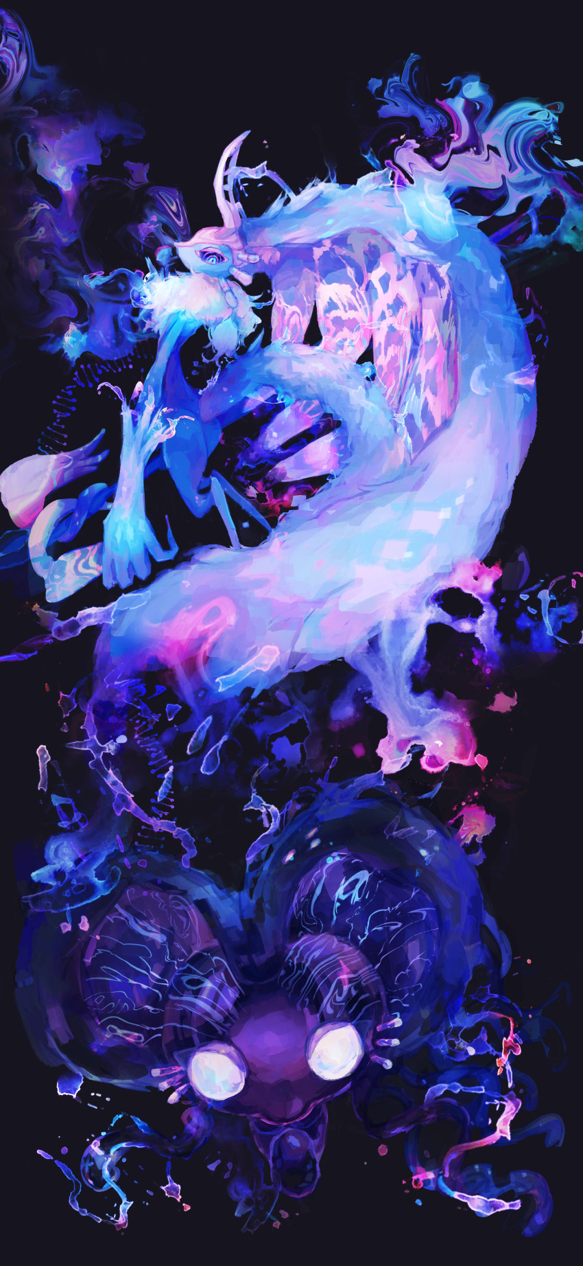 absurdres, antlers, black_background, blue_fur, claws, commentary_request, dna, fecto_elfilis