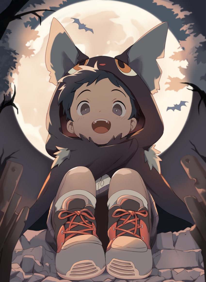 1boy, acnhiti, bat_(animal), bat_costume, black_hair, child, commentary_request, full_moon
