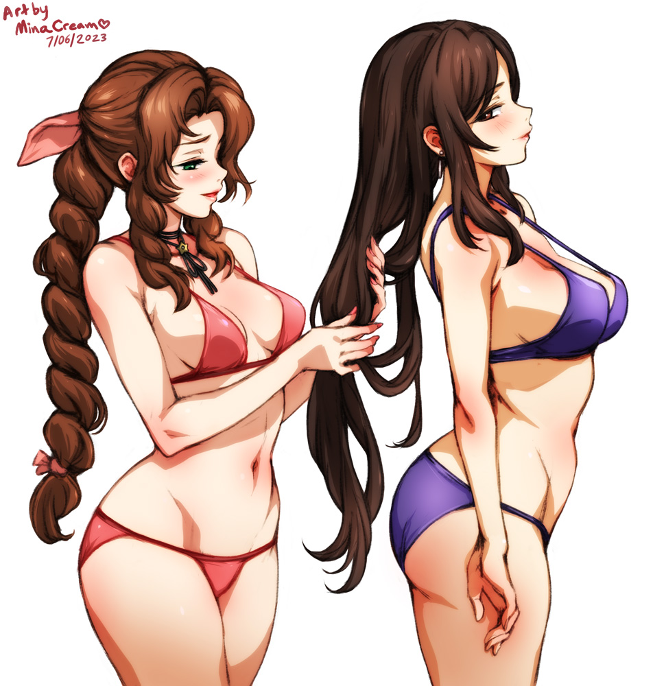 2girls, aerith_gainsborough, ass, behind_another, bikini, black_hair, braid, braided_ponytail