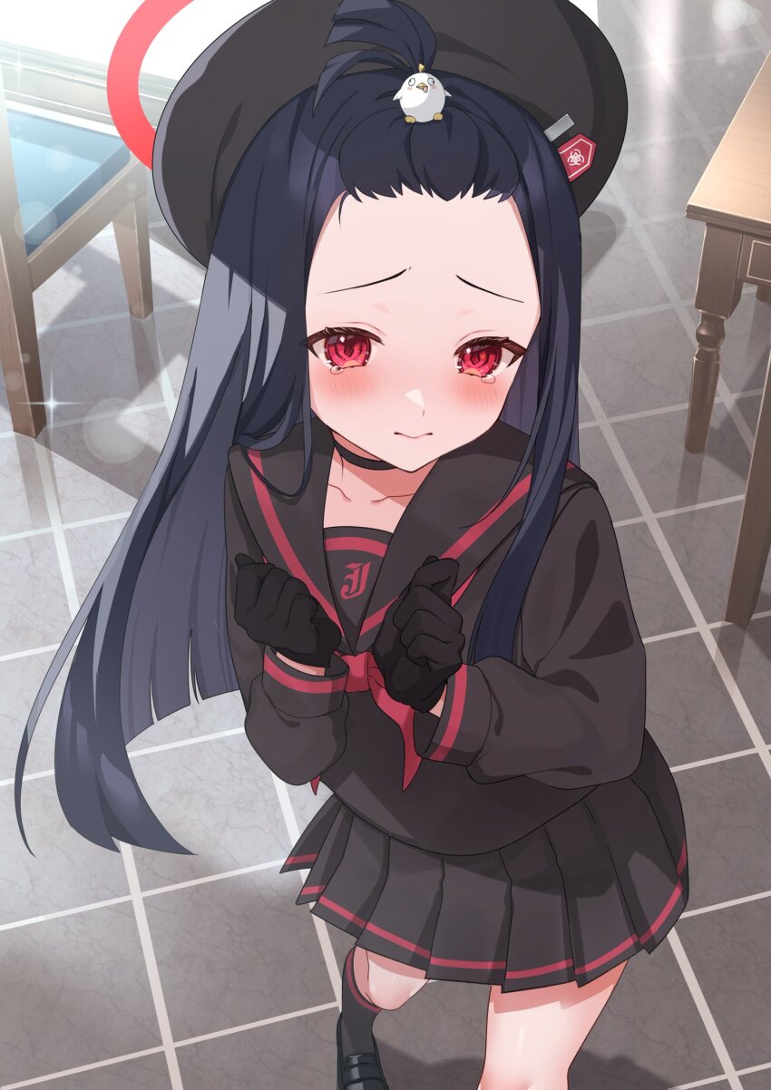 1girl, alternate_hairstyle, bangs_pinned_back, bansyono-mamoribito, beret, black_choker, black_gloves, black_hair