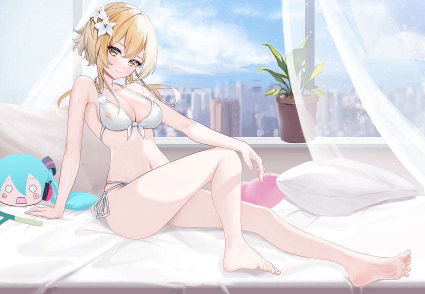 1girl, bare_arms, bare_legs, bare_shoulders, barefoot, bikini, blonde_hair, blue_sky