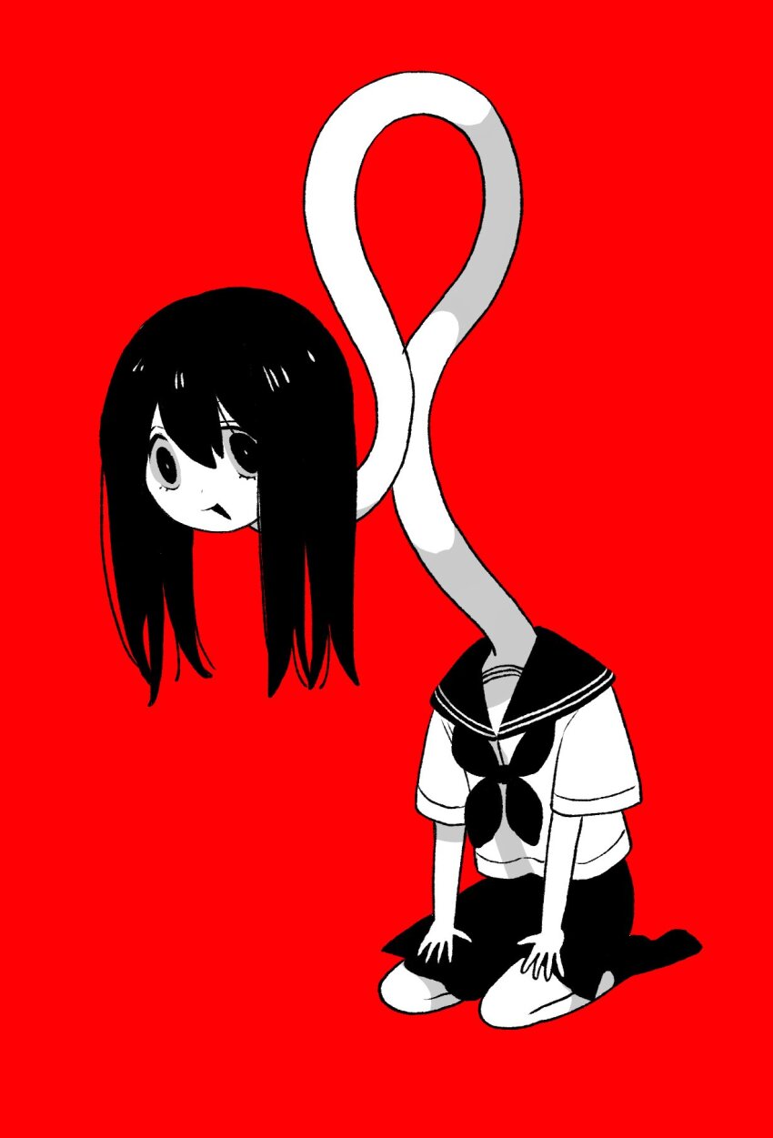 1girl, black_eyes, black_socks, highres, long_hair, long_neck, long_sleeves, monochrome