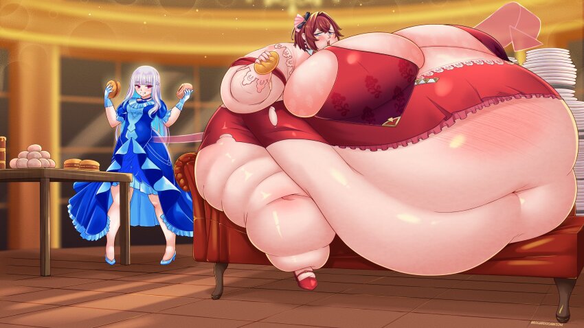 2girls, absurdres, ange_katrina, ange_katrina_(party_dress), big_belly, blue_eyes, blush, breasts, bridal_gauntlets, chaise_longue, commentary, commission, commissioner_upload, dress, eduardocabezon, english_commentary, evening_gown, fat, fat_rolls, fat_woman, flower, food, gigantic_breasts, gloves, hair_flower, hair_intakes, hair_ornament, high_heels, highres, holding, holding_food, lize_helesta, lize_helesta_(3rd_costume), long_hair, medium_breasts, multiple_girls, navel, nijisanji, obese, pink_gloves, plate, plate_stack, purple_eyes, red_dress, red_hair, short_hair, size_difference, sleeveless, sleeveless_dress, smug, table, torn_clothes, triangle_hair_ornament, undersized_clothes, virtual_youtuber, weight_gain, white_hair, wooden_floor, wooden_table
