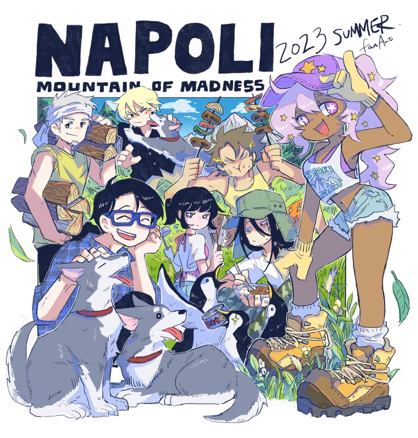 +_+, 2girls, 5boys, :3, ^_^, absurdres, alternate_costume, apron