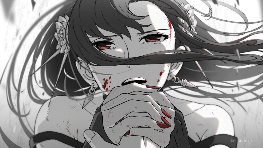 1boy, 1girl, bare_shoulders, black_dress, black_hair, blood, blood_on_face, breasts