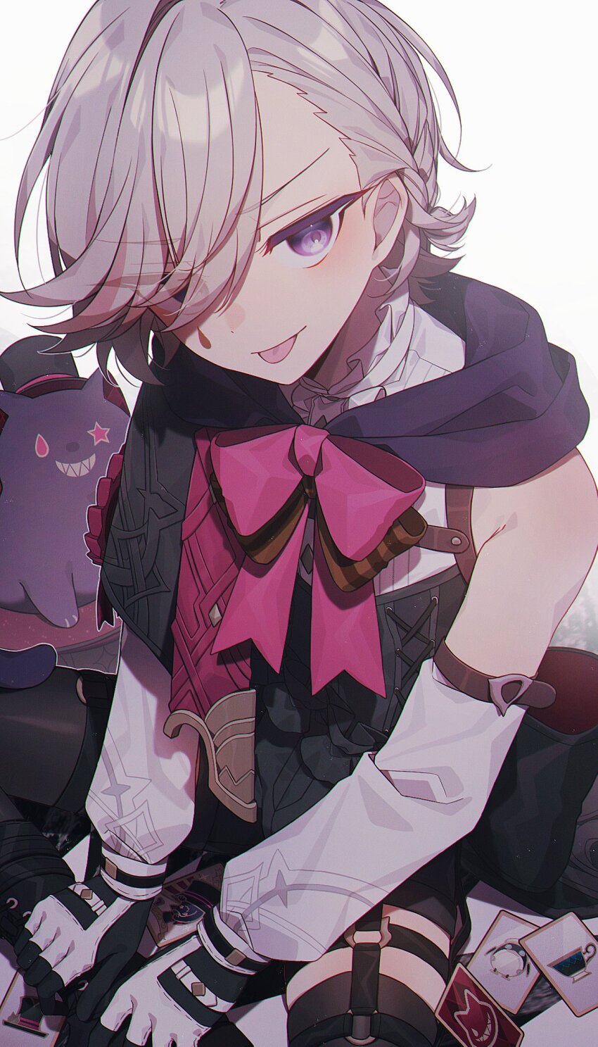 1boy, animal, black_hat, black_shorts, bow, card, cat, commentary